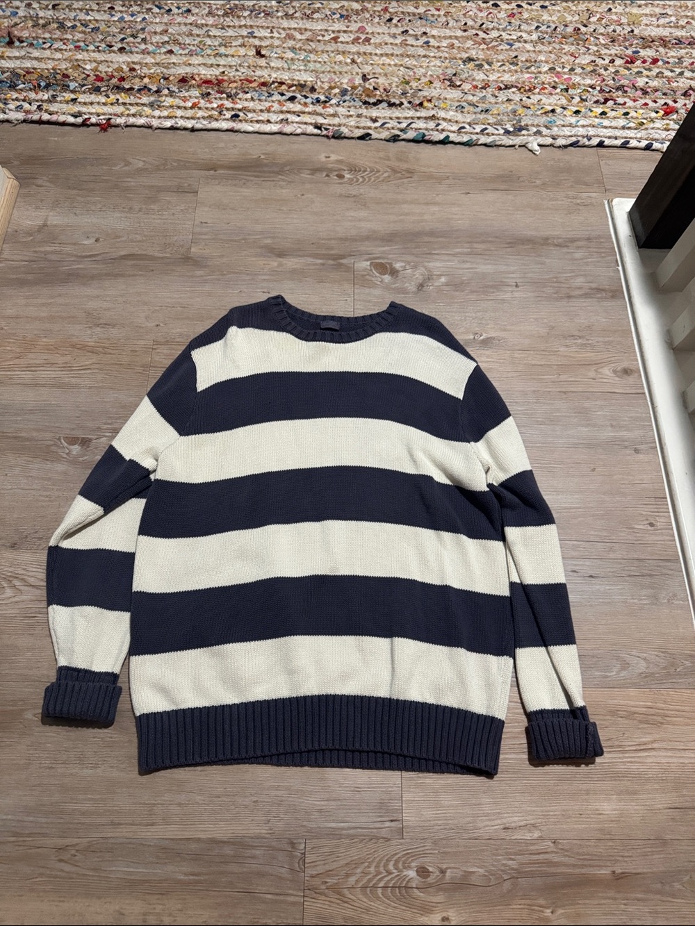 Women’s Navy and Cream Striped Crewneck Sweater